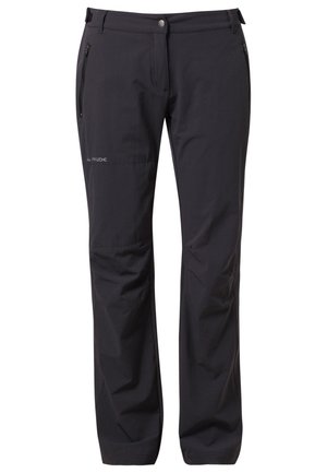 Zwarte outdoorbroek met rechte pijpen, een ritssluiting en knoopsluiting aan de voorkant, twee zijzakken met rits en naaddetails bij de knieën.