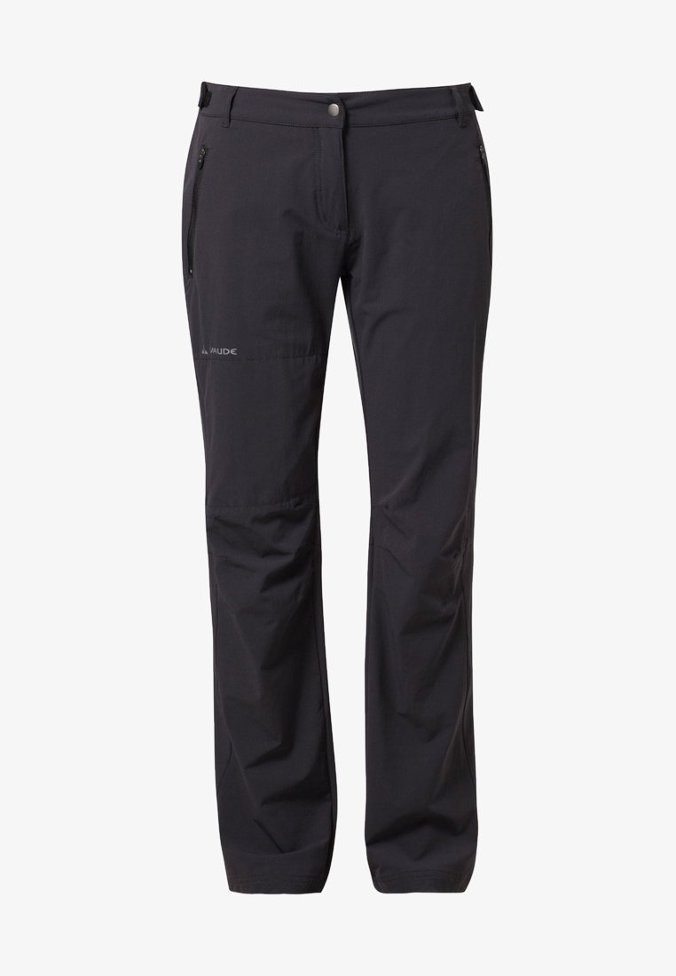 Pantalon d'extérieur noir avec jambes droites, fermeture éclair à l'avant et bouton, deux poches latérales zippées et détails de coutures aux genoux.