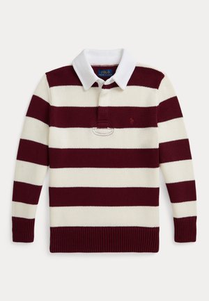 Bordeaux en witte gestreepte langemouwen polo trui met een geribbelde onderrand en kraag. Bevat een klein logo op de borst en een knoopsluiting.