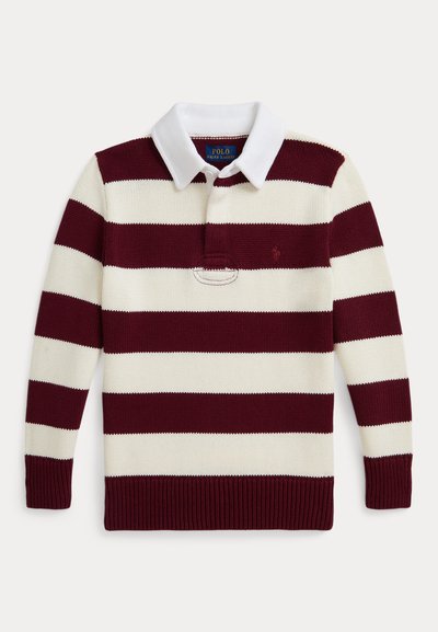Burgunder- og hvitstripet langermet polo genser med ribbestrikket kant og krage. Har en liten logo på brystet og knappestolpe.