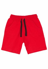 Røde bomuldsshorts med elastisk talje, sort snor og to sidelommer. Glat tekstur og design der går til over knæene.