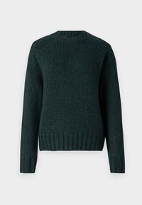Dunkelgrüner, gestrickter Pullover mit gerippter Struktur, rundem Ausschnitt und langen Ärmeln. Verfügt über eine leicht taillierte Passform und gerippte Bündchen.