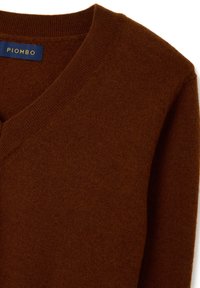 Pull en tricot marron avec un design en V, fabriqué dans une texture douce. Présente une étiquette avec "PIOMBO" en lettres dorées.