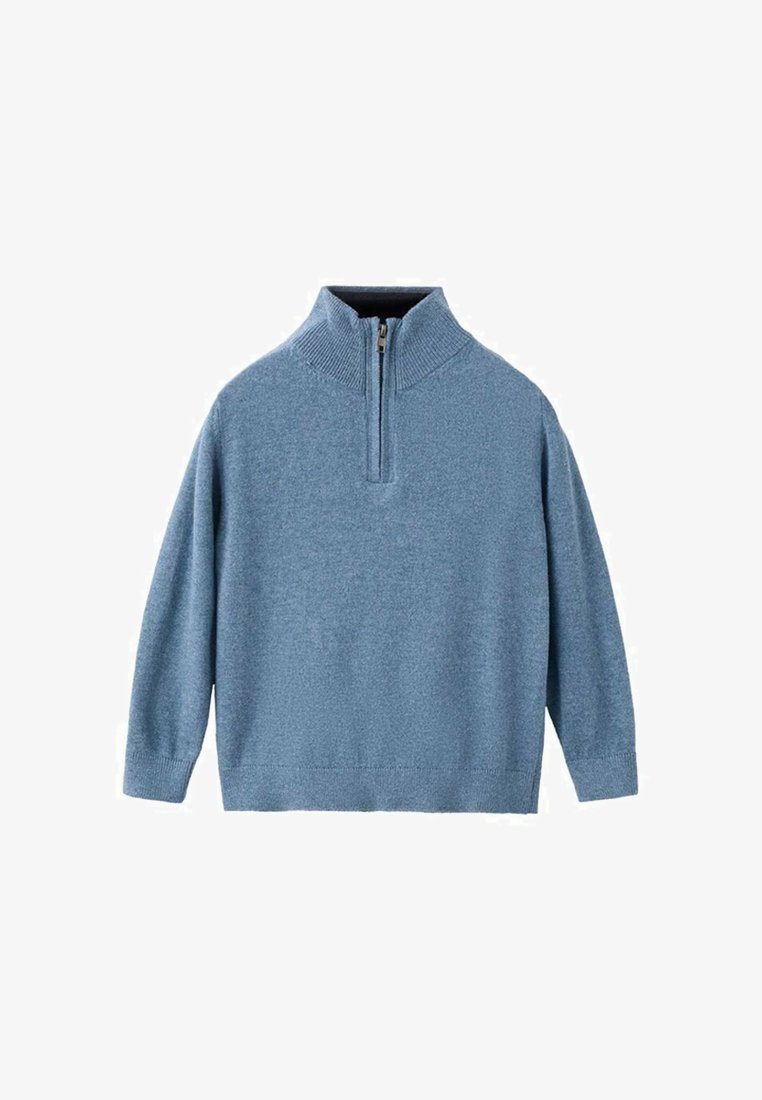 Pull-over bleu clair avec col à demi-fermeture éclair, encolure côtelée et manches amples. Le tissu semble doux et texturé.