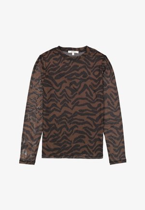 Top marrón de manga larga con una tela transparente y texturizada que presenta un patrón de rayas de tigre negro por todo el diseño. Cuello redondeado y mangas ajustadas.