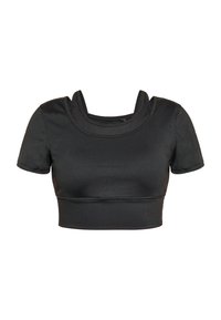 Top scurt negru realizat dintr-un material neted și elastic; mâneci scurte; decolteu larg și rotund; detalii de cusătură pe margine.