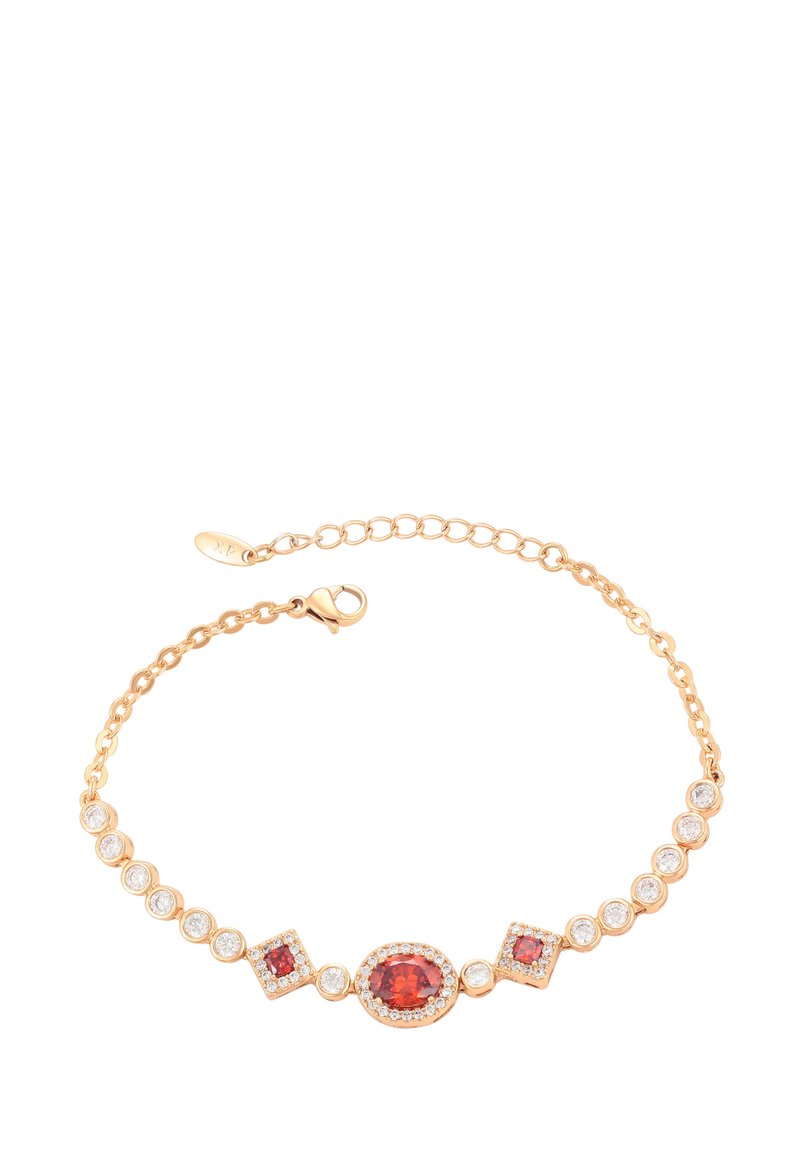 Bracciale in oro con gemme rosse e trasparenti, inclusi cabochon ovali e quadrati, con una catena a maglie e chiusura a gancio.