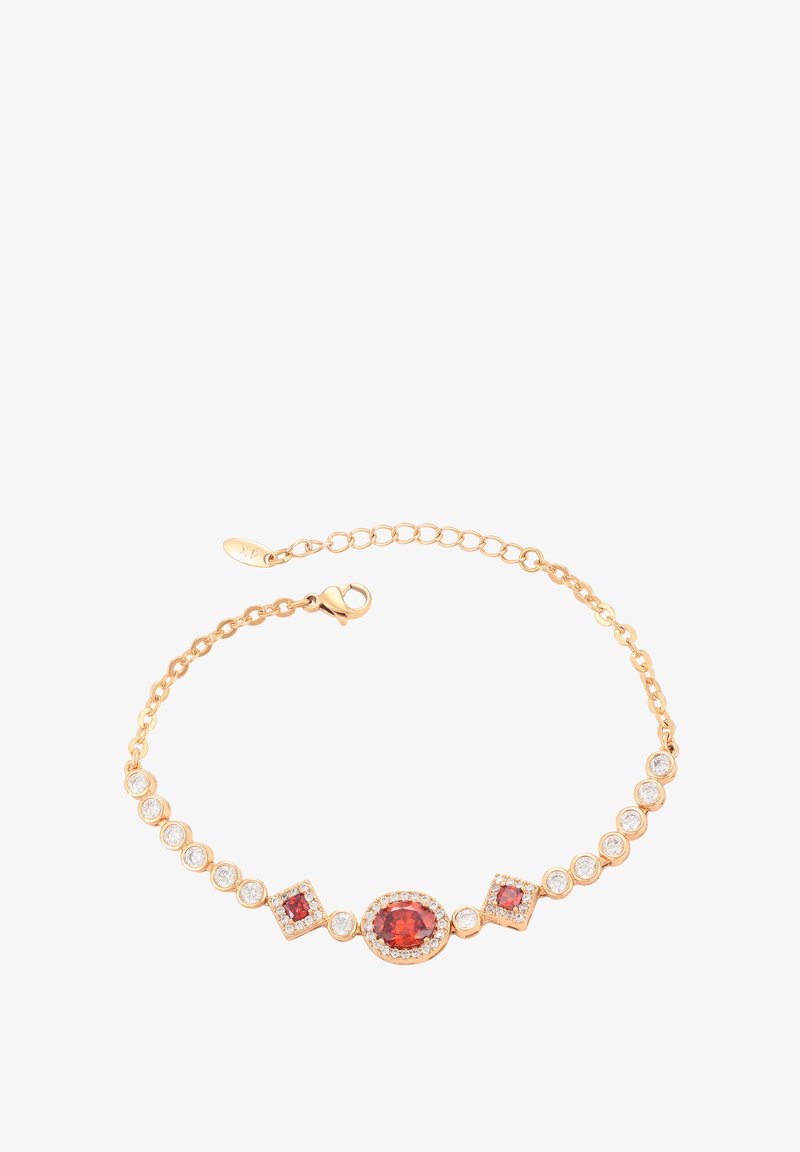 Bracciale in oro con gemme rosse e trasparenti, inclusi cabochon ovali e quadrati, con una catena a maglie e chiusura a gancio.