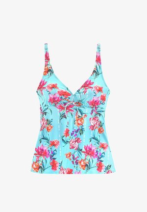 Turquoise sleeveless top with pink, red, and orange floral patterns and a small front tie below the V-neckline.