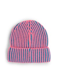 Knit beanie featuring alternating pink and blue stripes, a folded cuff, and a textured pattern on the body.