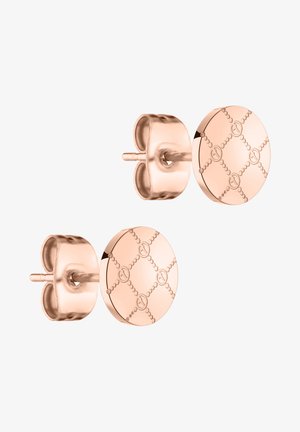 Roségoldene Stud-Ohrstecker mit rundem Design, ausgestattet mit einer strukturierten Oberfläche mit eingravierten Mustern und einem glänzenden, polierten Finish.