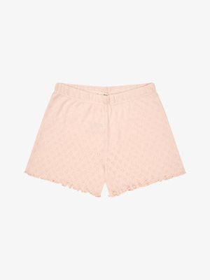 Pantaloncini in maglia rosa chiaro con un sottile motivo a diamante e orli smerlati, dotati di una cintura elastica.