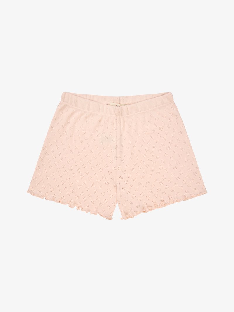 Απαλά ροζ πλεκτά σορτς με διακριτικό διαμάντι μοτίβο και κυματιστά τελειώματα, με ελαστική μέση.