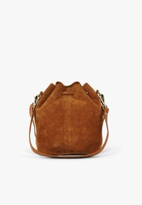 Samt Bucket Bag in sattem Braun mit strukturiertem Oberflächen, abgerundetem oberen Teil und verstellbarem Ledertragegurt. Mit einem sicheren Verschluss.