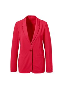 Rode blazer van gladde stof, met een enkele knoopsluiting, twee voorkruiden en een reverskraag. Getailleerde pasvorm.