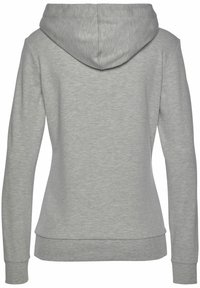 Světle šedá mikina s dlouhým rukávem a kapucí, ribbovaný lem a manžety, zobrazená ze zadní strany.