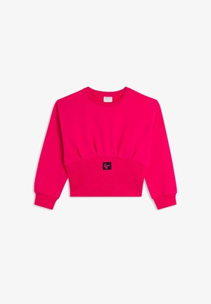 Sudadera corta de algodón en un vibrante color rosa. Presenta un cuello redondo, mangas largas y un parche de logo negro centrado en la parte delantera.