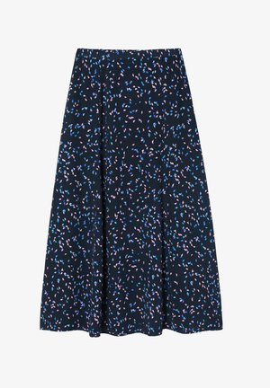 Una falda hasta la rodilla, de color azul marino con un patrón floral en rosa y azul. Está fabricada con una tela liviana, que presenta una textura suave y una cintura elástica.
