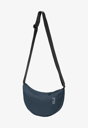 Compatta borsa a tracolla blu navy con tracolla nera regolabile e chiusura con zip, caratterizzata da un piccolo logo Jack Wolfskin.