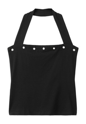 Zwarte mouwloze haltertop met brede nekband en zes zilveren drukknoopjes over het borstgebied, effen stof.