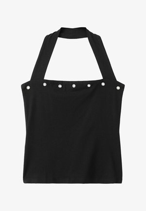 Zwarte mouwloze haltertop met brede nekband en zes zilveren drukknoopjes over het borstgebied, effen stof.