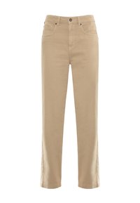 Pantaloni beige a vita alta con taglio dritto, dotati di tasche frontali e chiusura con bottone in vita.