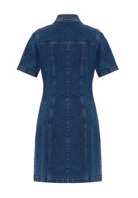Robe en denim bleu foncé, dotée de manches courtes, d'un col et de détails de couture verticaux. Coupe classique avec un ourlet droit.