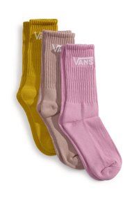 Drei Paar gerippte Socken in Gelb, Taupe und Rosa. Jede trägt ein weißes Vans-Logo am Bund. Aus weichem Strickmaterial.