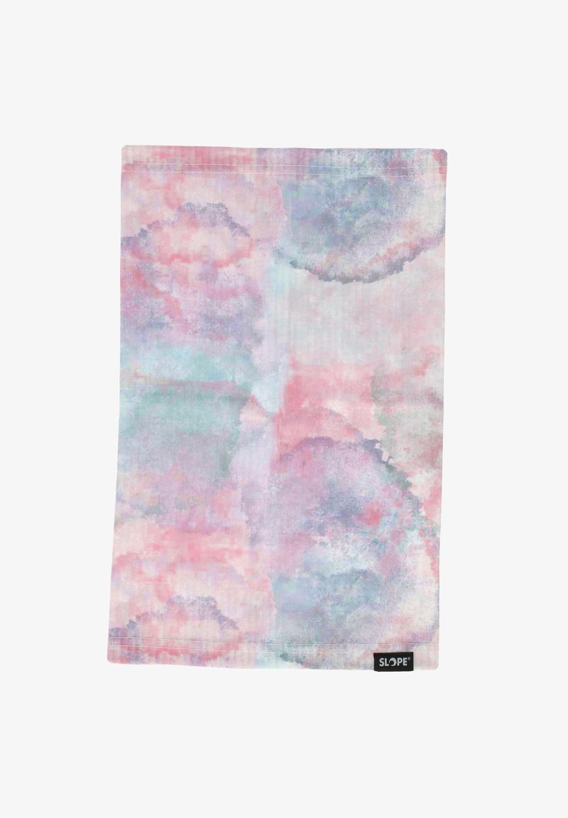 Mangfärgad mjuk tyg med ett pastellfärgat akvarellmönster i rosa, blått och grönt, med en svart etikett i nederkanten.