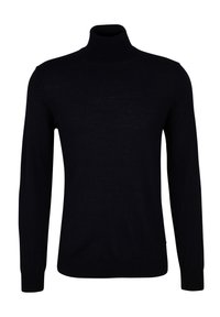 Svart turtleneck genser i glatt strikket stoff. Har lange ermer, en tettsittende hals, og ribbestrikkede mansjetter og kant for en snug passform.