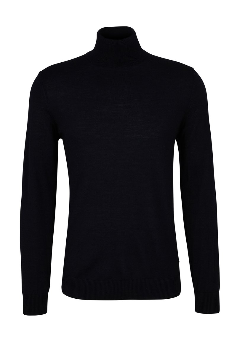 Svart turtleneck genser i glatt strikket stoff. Har lange ermer, en tettsittende hals, og ribbestrikkede mansjetter og kant for en snug passform.