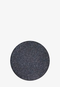 Black shimmering eyeshadow in a round metal pan; texture is finely milled with multicolored sparkles throughout.