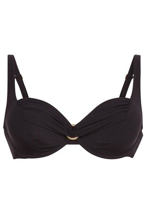 Schwarzer BH mit verdrehtem Vordesign, UnterstÜtzungsbügel und goldener runder Akzent. Verstellbare Träger und glatte Stoffoberfläche.