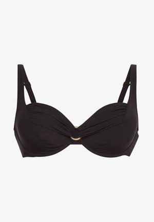 Schwarzer BH mit verdrehtem Vordesign, UnterstÜtzungsbügel und goldener runder Akzent. Verstellbare Träger und glatte Stoffoberfläche.