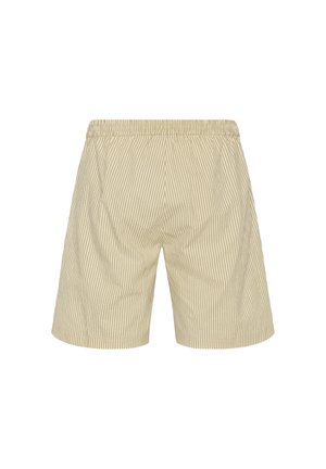 Csíkos bézs rövidnadrág, rugalmas derékkal, könnyű anyagból készítve. Függőleges csíkok és laza szabás jellemzi.