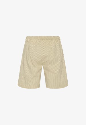 Csíkos bézs rövidnadrág, rugalmas derékkal, könnyű anyagból készítve. Függőleges csíkok és laza szabás jellemzi.