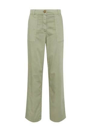 Light green straight-leg pants with front patch pockets, belt loops, and a single brown button closure at the waist.