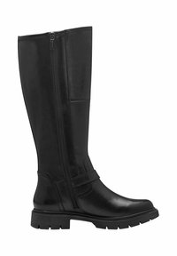 Black knee-high boots made of smooth leather, featuring a zipper on the side and a strap detail near the ankle. Rubber sole with traction.