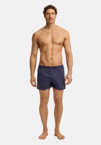 Boxers rayés bleu marine avec une taille élastique et un seul bouton sur le devant, fabriqués en tissu léger. Couleur unie à la taille.