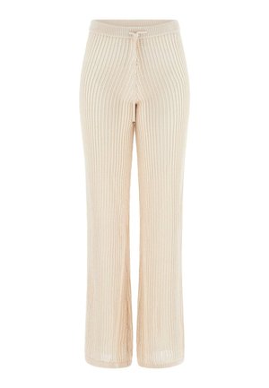 Pantaloni lavorati a maglia color crema con gambe larghe e vita regolabile con coulisse, caratterizzati da un motivo a coste testurizzato.