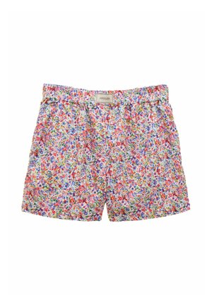 Børneshorts med elastisk talje og farverigt lille blomsterprint i rød, blå, grøn og gul, med et Joules-mærke på linningen.