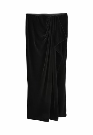 Schwarzer Samtrock mit drapiertem Design, das eine weiche Textur und eine fließende Silhouette bietet. Nahtloser Bund und bodenlanger Schnitt.