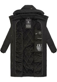 Black padded coat with a quilted interior, multiple pockets, and interior branding label. Features glossy accents and a cozy hood.