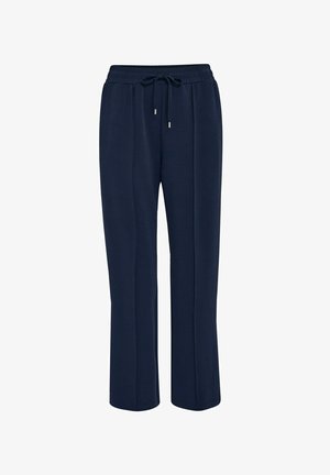 Tmavomodré tepláky s elastickým pásom, nastaviteľnou šnúrkou a bočnými švami poskytujúcimi pohodlný strih. Hladká textúra a rovný strih.