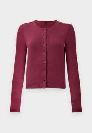Värmad långärmad knäppad cardigan i mörkrosa med rund halsringning och sju svarta och silverfärgade knappar fram.