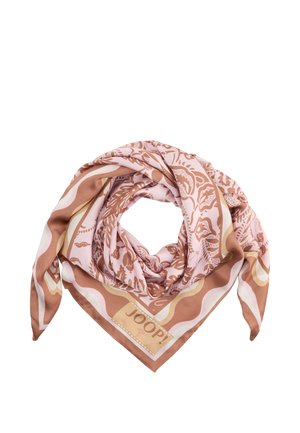 Seidiges quadratisches Tuch mit rosa, beige und braunen Blumen- und wellenförmigen Mustern, locker zu einem Knoten gefaltet. Markenname "JOOP!" an einer Ecke sichtbar.