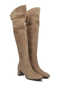 Kniehoge, taupe suède laarzen met een blokhak, spitse neus en een zijrits. De gestructureerde afwerking voegt zachtheid toe aan het ontwerp.