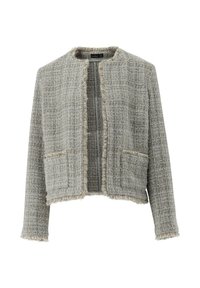Strukturierte, hellgraue tweedjacke mit einem cropped design, fransigen kanten und zwei vordertaschen; ohne knöpfe oder verschlüsse.