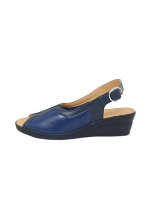 Sandalo zeppa blu navy con punta aperta, tomaia strutturata, cinturino sul tallone, fibbia argento e soletta beige imbottita.