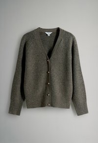 Brun strikket cardigan med V-hals, lange ærmer og træknapper foran. Struktureret strikket stof, let løs pasform.